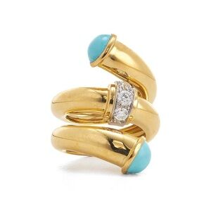 Gold-Tone Spiral Ring with Turquoise Cabochons and Diamond Accents